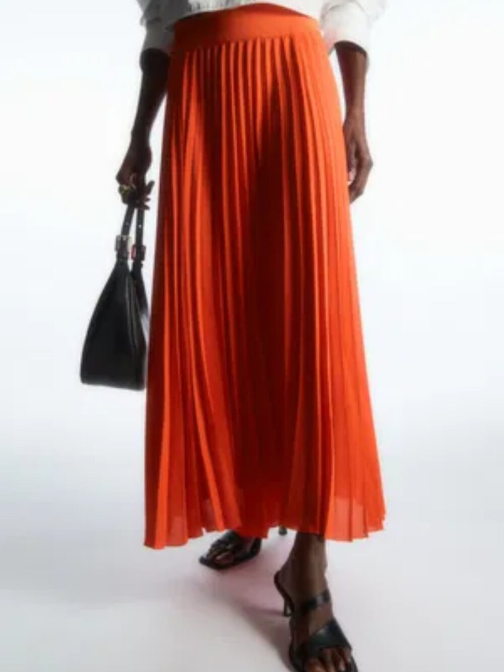 COS Tangerine Orange Elasticated High Waist Pleated Minimalist Midi Skirt Size 8